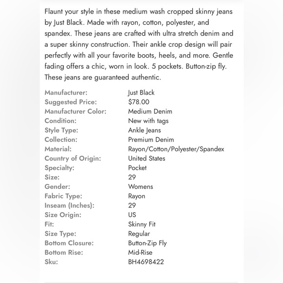 NWT Just Black denim medium was mid rise basic ankle skinny Jean 31x29 - Picture 3 of 11